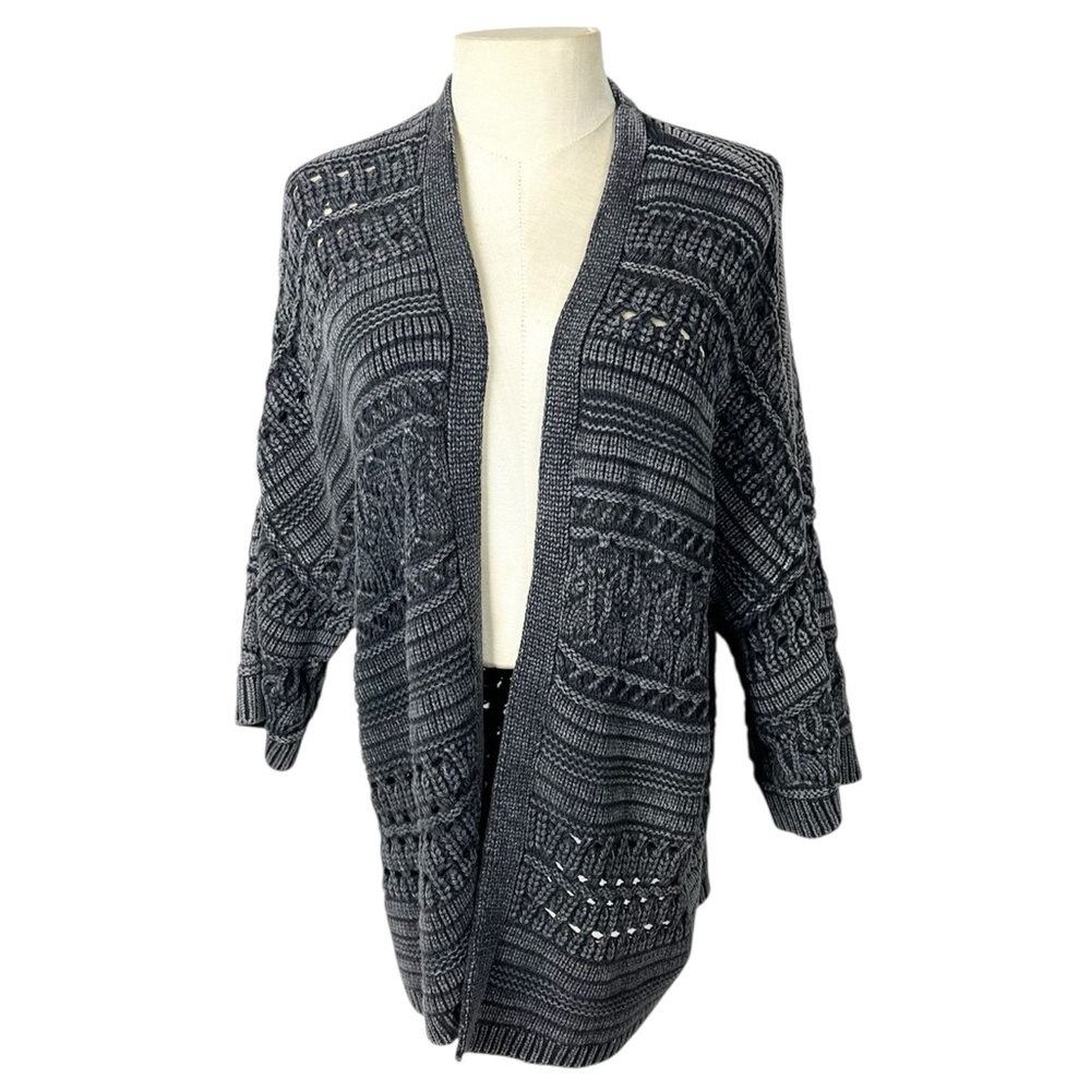 Lucky Brand‎ Women’s Crochet Cardigan Black Acid Wash size XS open front S/M